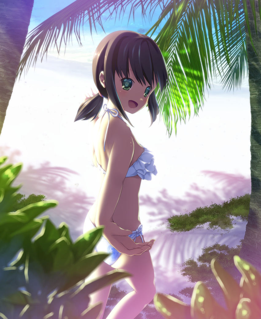 1girl :d bangs bare_arms bare_legs bare_shoulders beach bikini blurry blush breasts brown_hair dappled_sunlight depth_of_field eyebrows_visible_through_hair floral_print foreshortening from_behind fubuki_(kantai_collection) green_eyes hair_tie highres kantai_collection layered_bikini long_hair looking_at_viewer looking_back low_ponytail moss open_mouth outdoors outstretched_hand palm_tree plant sand shore side-tie_bikini sideboob small_breasts smile solo standing summer sunlight swimsuit tareme tree under_tree water white_bikini yamashiro_kogane