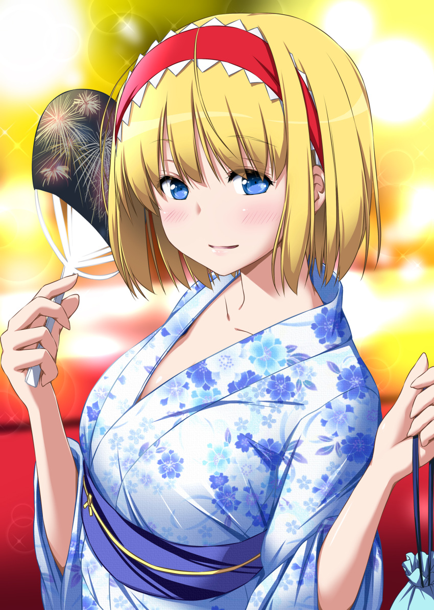 1girl alice_margatroid alternate_costume bangs blonde_hair blue_eyes blunt_bangs blush breasts bubble collarbone commentary_request eyebrows_visible_through_hair fan hairband highres holding holding_bag holding_fan japanese_clothes kimono long_sleeves looking_at_viewer medium_breasts nori_tamago paper_fan parted_lips pouch sash short_hair sketch smile solo touhou uchiwa upper_body wide_sleeves
