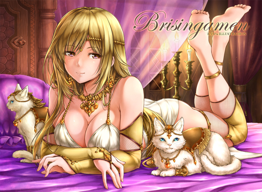 1girl barefoot bed blonde_hair breasts bridal_gauntlets candle candlestand cat cleavage curtains earrings jewelry large_breasts legs_up lips long_hair lying necklace on_stomach original pillow ryou_(pix_gallerio) smile solo the_pose violet_eyes