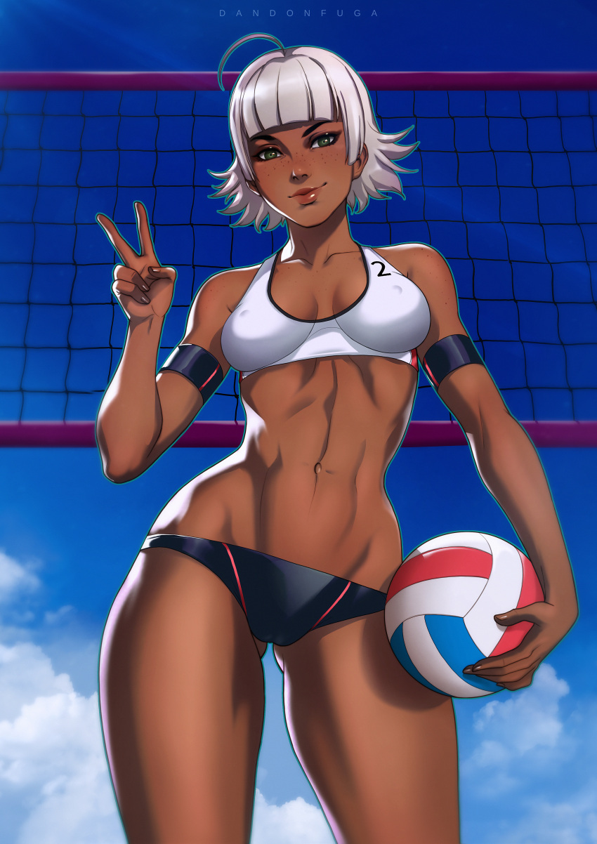 1girl absurdres ahoge armband artist_name beach dandon_fuga dark_skin freckles green_eyes highres lips looking_at_viewer navel original patreon_reward silver_hair sky solo sportswear standing summer v volleyball volleyball_net volleyball_uniform