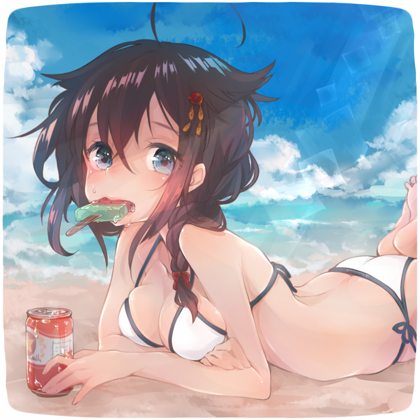 1girl ahoge arm_support ass bangs barefoot beach bikini black_hair blue_eyes blue_sky braid breasts can cleavage clouds cointreau day eating food hair_between_eyes hair_flaps hair_ornament hair_over_shoulder hairpin highres kantai_collection legs_up lens_flare long_hair looking_at_viewer lying medium_breasts messy_hair mouth_hold ocean on_stomach outdoors popsicle remodel_(kantai_collection) shigure_(kantai_collection) side-tie_bikini single_braid sky solo sunlight swimsuit twitter_username watermelon_bar white_bikini