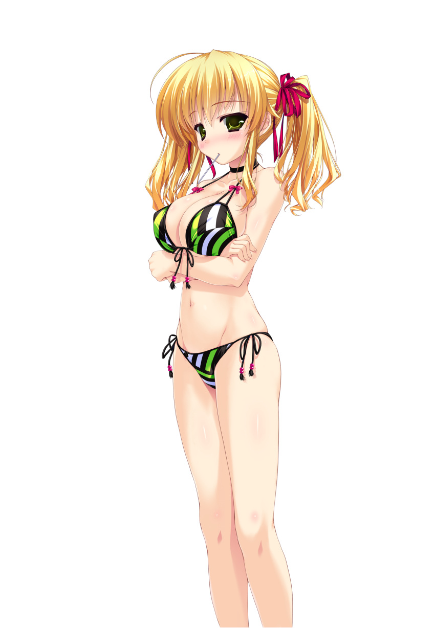 1girl absurdres ahoge bikini blonde_hair blush breasts choker crossed_arms green_eyes groin hair_ribbon halter_top halterneck highres large_breasts long_hair looking_at_viewer mouth_hold navel official_art prism_recollection! ribbon shintarou side-tie_bikini solo striped striped_bikini swimsuit transparent_background twintails uisaki_hinano