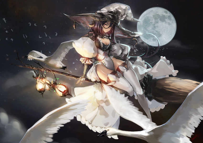 1girl arm_ribbon bamuth bangs bird boots breasts broom brown_legwear cleavage closed_mouth clouds cloudy_sky commentary dress flying frills full_moon gloves goose hair_between_eyes hat highleg highleg_dress highres lantern large_breasts long_hair looking_at_viewer midair moon night original outdoors partly_fingerless_gloves pink_eyes pink_ribbon puffy_short_sleeves puffy_sleeves ribbon short_sleeves showgirl_skirt sitting_on_broom sky smile solo thigh-highs thigh_boots vambraces violet_eyes white_boots white_gloves witch_hat