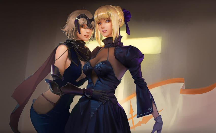 2girls armor arms_at_sides bangs bare_shoulders blonde_hair blue_dress blue_eyes blue_ribbon blunt_bangs breasts brown_hair cape chains cleavage cowboy_shot detached_collar dress dual_persona elbow_pads fate/grand_order fate/stay_night fate_(series) flag forehead_protector gauntlets gloves hair_between_eyes hair_bun hair_ribbon hand_on_another's_stomach jeanne_alter juliet_sleeves li_moly lipstick long_sleeves makeup medium_breasts multiple_girls nose open_mouth pink_lips pink_lipstick puffy_sleeves ribbon ruler_(fate/apocrypha) saber short_hair shoulder_pads sidelocks sleeveless sleeveless_dress smile standing teeth turtleneck violet_eyes white_gloves