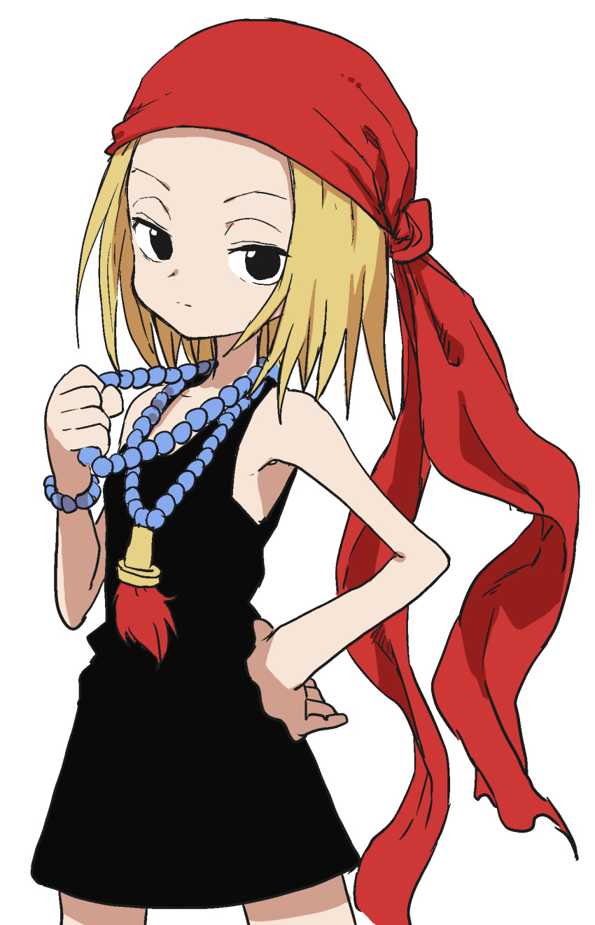 1girl bandanna bead_necklace beads black_dress black_eyes blonde_hair dress hand_on_hip highres jewelry kyouyama_anna looking_at_viewer necklace shaman_king short_hair simple_background sleeveless sleeveless_dress solo white_background yamamoto_souichirou
