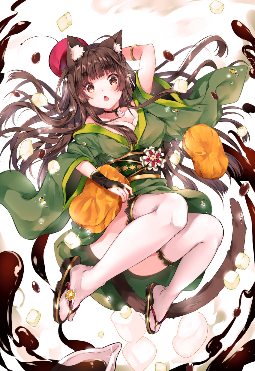 1girl ahoge animal_ears anmitsu_(dessert) bare_shoulders bracelet braid breasts brown_eyes brown_hair cat_ears cat_tail chestnut_mouth choker cleavage collarbone commentary_request convenient_leg duji_amo eyebrows_visible_through_hair flower food geta hat highres hikimayu japanese_clothes jewelry kimono legs_up long_hair looking_at_viewer medium_breasts midair obi off_shoulder open_mouth original pillow sash solo sparkle tail thick_eyebrows thigh-highs wagashi water_drop white_legwear wide_sleeves