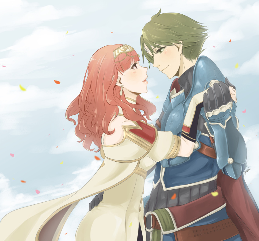 1boy 1girl alm_(fire_emblem) armor blue_armor blush cape celica_(fire_emblem) circlet clouds commentary_request couple dress earrings eyebrows eyebrows_visible_through_hair fire_emblem fire_emblem_echoes:_mou_hitori_no_eiyuuou gauntlets green_eyes green_hair hand_holding highres jewelry lips open_mouth petals red_eyes redhead short_sleeves shoulder_pads sky smile tiara yori_ill