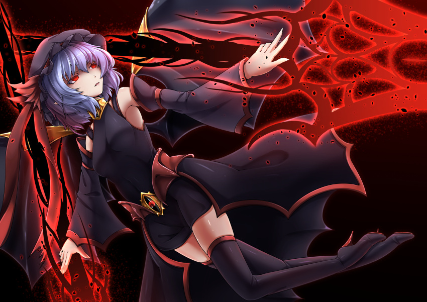 1girl bat_wings black_background boots commentary dark_persona detached_sleeves dual_wielding hat hat_ribbon high_heels highres holding holding_weapon inyuppo lavender_hair mob_cap parted_lips pointy_ears polearm red_eyes remilia_scarlet ribbon shiny shiny_skin slit_pupils spear spear_the_gungnir thigh-highs thigh_boots touhou vampire weapon wings