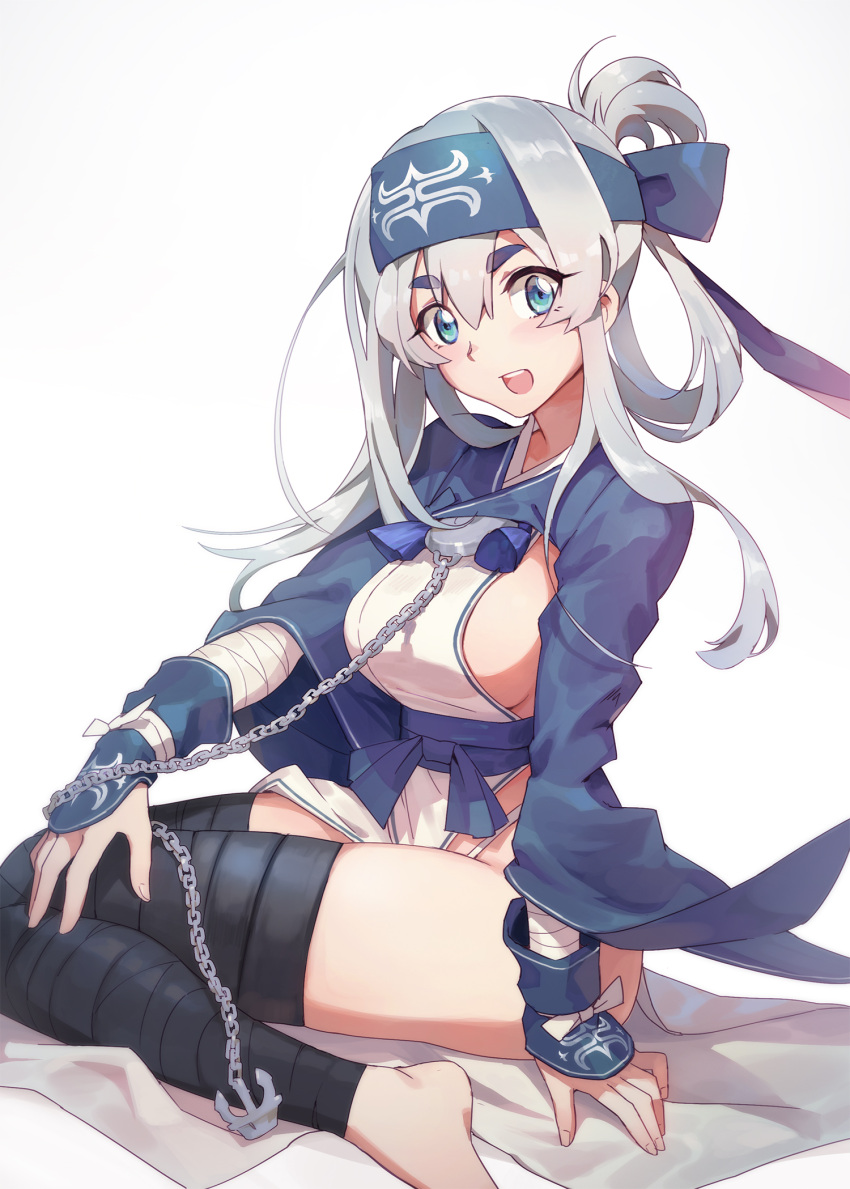 1girl ainu_clothes anchor barefoot black_legwear blue_eyes breasts chains folded_ponytail headband highres kamoi_(kantai_collection) kantai_collection long_hair long_sleeves looking_at_viewer medium_breasts open_mouth sideboob sidelocks sitting solo thick_eyebrows thigh-highs tugo white_hair wrist_guards