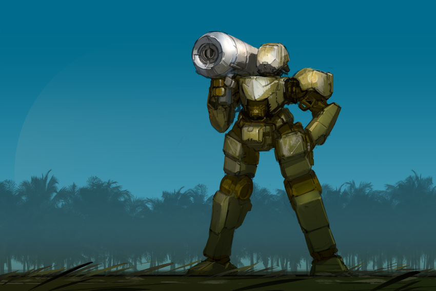 bazooka commentary forest grass highres ksenolog mecha nature original robot science_fiction sketch solo tree weapon