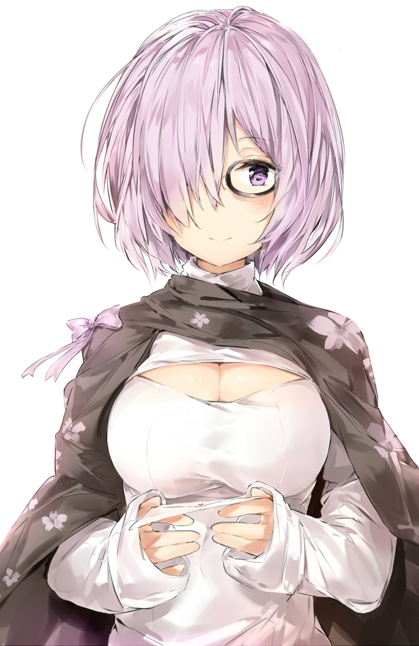 1girl blush breasts cape cleavage_cutout fate/grand_order fate_(series) glasses hair_over_one_eye highres letter looking_at_viewer love_letter medium_breasts meme_attire open-chest_sweater purple_hair shielder_(fate/grand_order) short_hair silver_(chenwen) simple_background sleeves_past_wrists smile solo sweater violet_eyes white_background