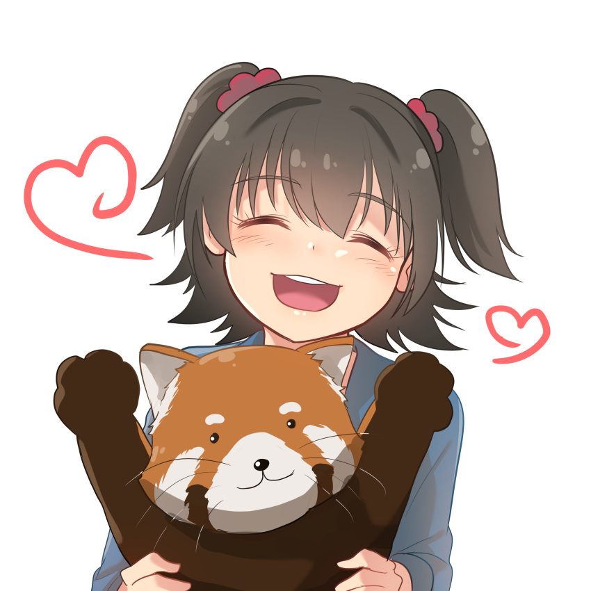 1girl :3 absurdres akagi_miria animal bangs black_hair blue_shirt closed_eyes commentary eyebrows_visible_through_hair hair_ornament hair_scrunchie heart highres holding holding_animal idolmaster idolmaster_cinderella_girls kamille_(vcx68) long_sleeves open_mouth red_panda scrunchie shirt short_hair simple_background smile solo teeth two_side_up upper_body white_background