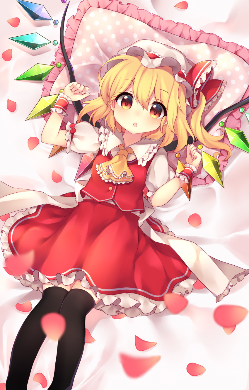 1girl :o absurdres ascot bangs bed_sheet black_legwear blonde_hair blush breasts buttons clenched_hands commentary_request crystal eyebrows_visible_through_hair flandre_scarlet frilled_ascot frilled_cuffs frilled_ribbon frilled_shirt_collar frilled_skirt frills from_above hair_between_eyes hat hat_ribbon highres looking_at_viewer lying mob_cap multicolored multicolored_wings on_back on_bed one_side_up open_mouth orange_eyes petals pillow polka_dot polka_dot_pillow puffy_short_sleeves puffy_sleeves red_ribbon red_skirt red_vest ribbon ruhika shirt short_hair short_sleeves skirt skirt_set small_breasts solo thigh-highs touhou vest white_hat white_shirt wings wrist_cuffs yellow_ascot zettai_ryouiki