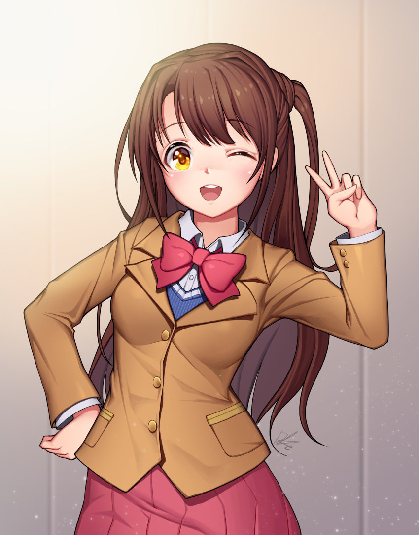 1girl absurdres blush bow bowtie brown_hair eyebrows_visible_through_hair hand_on_hip highres idolmaster idolmaster_cinderella_girls lee_seok_ho long_hair looking_at_viewer one_eye_closed open_mouth red_bow red_bowtie red_skirt shimamura_uzuki skirt smile solo sweater_vest teeth v yellow_eyes