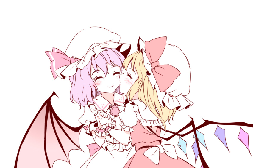 2girls ^_^ bat_wings blonde_hair blush bow cheek_kiss closed_eyes flandre_scarlet frills hand_holding hat hat_bow interlocked_fingers kiss long_hair minust mob_cap multiple_girls puffy_short_sleeves puffy_sleeves purple_hair remilia_scarlet short_hair short_sleeves siblings simple_background sisters smile touhou white_background wings wrist_cuffs