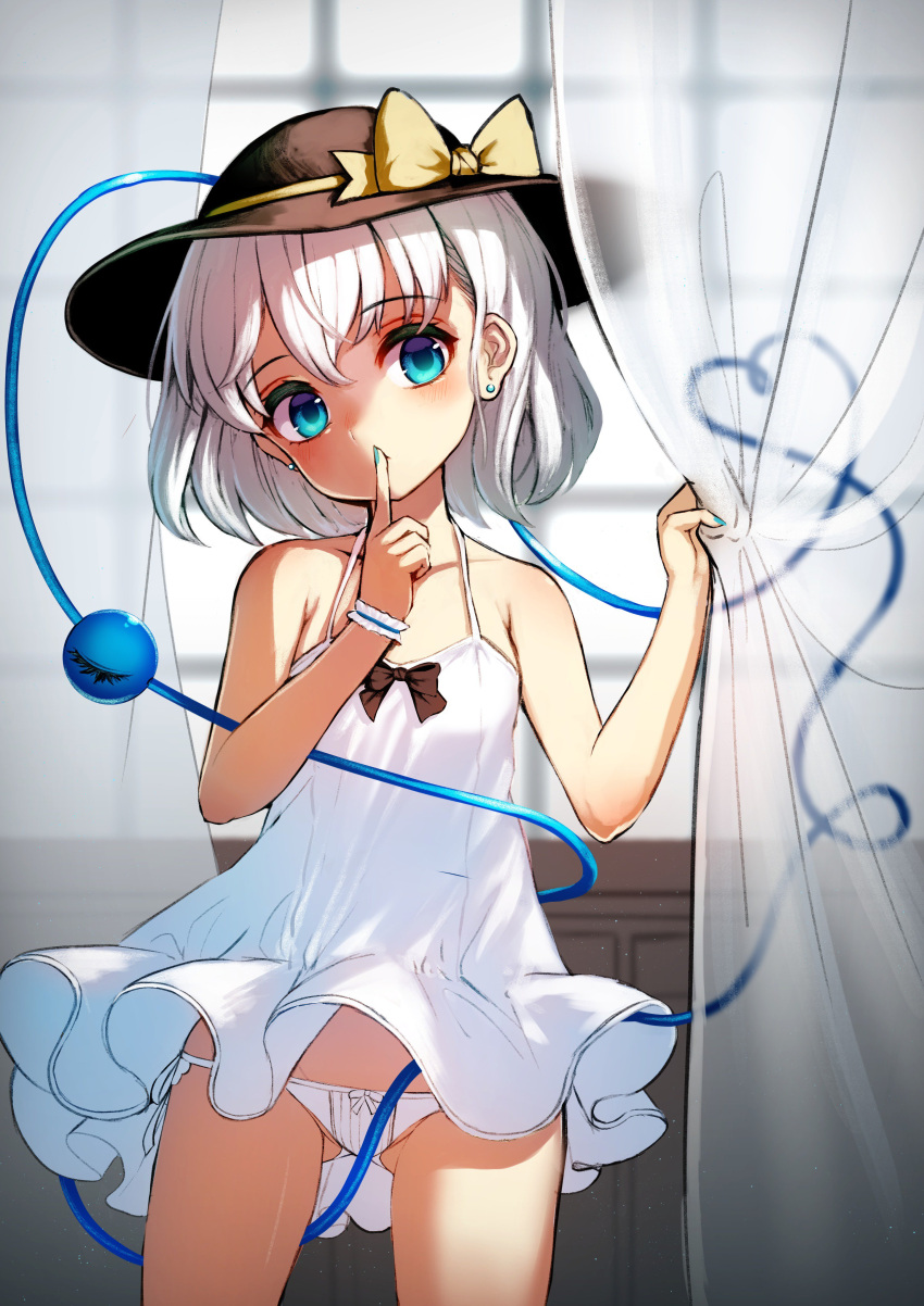 1girl absurdres black_hat blue_eyes blue_nails bow curtain_grab curtains earrings finger_to_mouth gluteal_fold hat hat_bow heart heart_of_string highres jewelry komeiji_koishi looking_at_viewer nail_polish panties pyonsuke_(pyon2_mfg) side-tie_panties solo standing third_eye touhou underwear white_hair white_panties wrist_cuffs yellow_bow