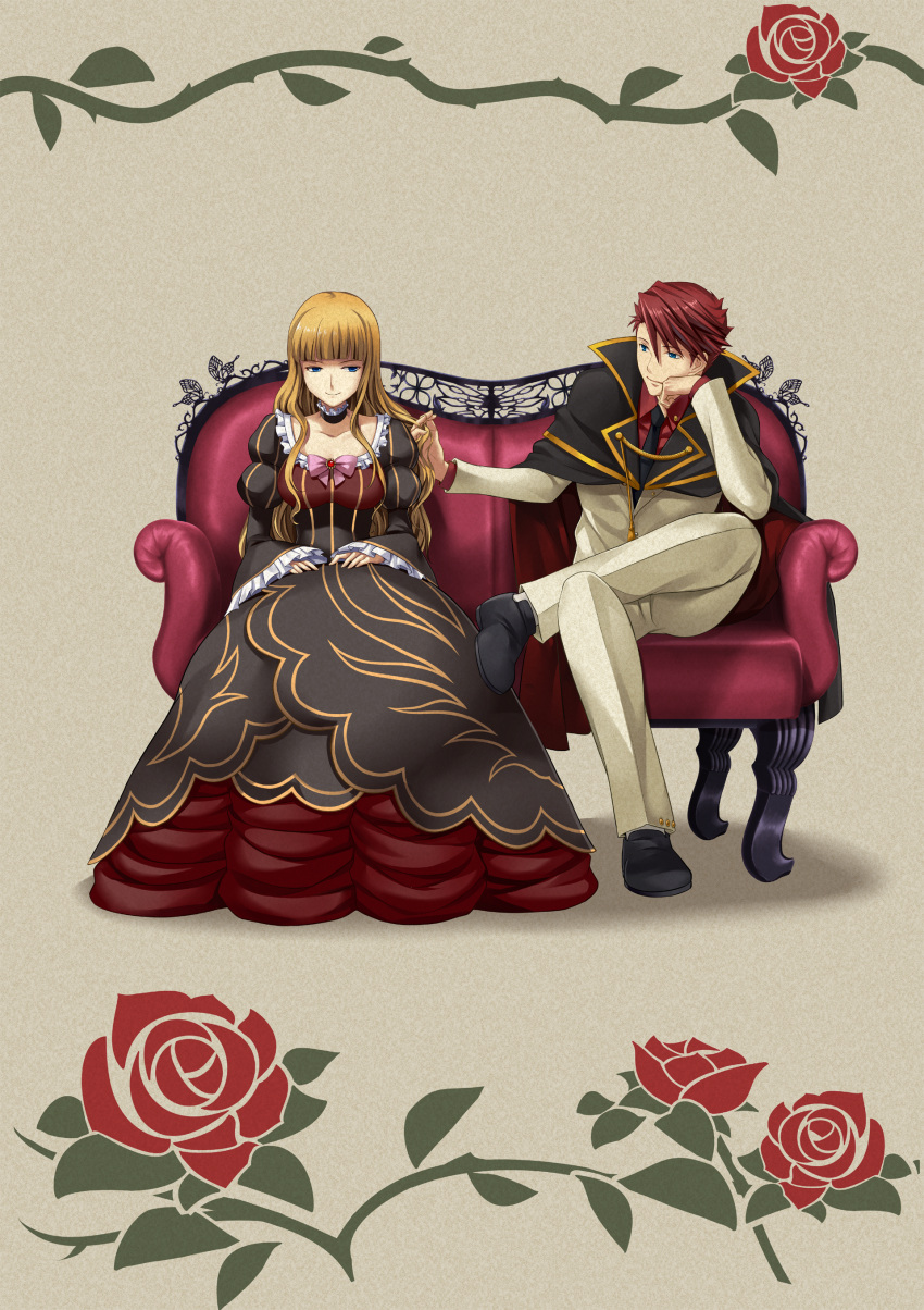 1boy 1girl absurdres artist_request bangs beatrice blue_eyes blunt_bangs cape choker collarbone couch dress formal hair_down hand_in_another's_hair highres legs_crossed long_hair looking_at_another necktie official_art red_shirt redhead shirt sitting smile suit umineko_no_naku_koro_ni ushiromiya_battler wavy_hair
