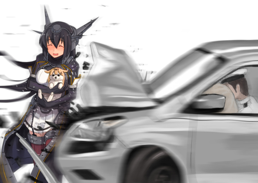 1boy 1girl ^_^ admiral_(kantai_collection) animalization black_gloves black_hair blonde_hair blush car car_crash closed_eyes commentary_request dog fingerless_gloves gloves ground_vehicle hair_ornament hairband hairclip hat headgear kantai_collection long_hair misumi_(niku-kyu) motor_vehicle nagato_(kantai_collection) open_mouth red_legwear remodel_(kantai_collection) skirt smile thigh-highs waistcoat yuudachi_(kantai_collection)