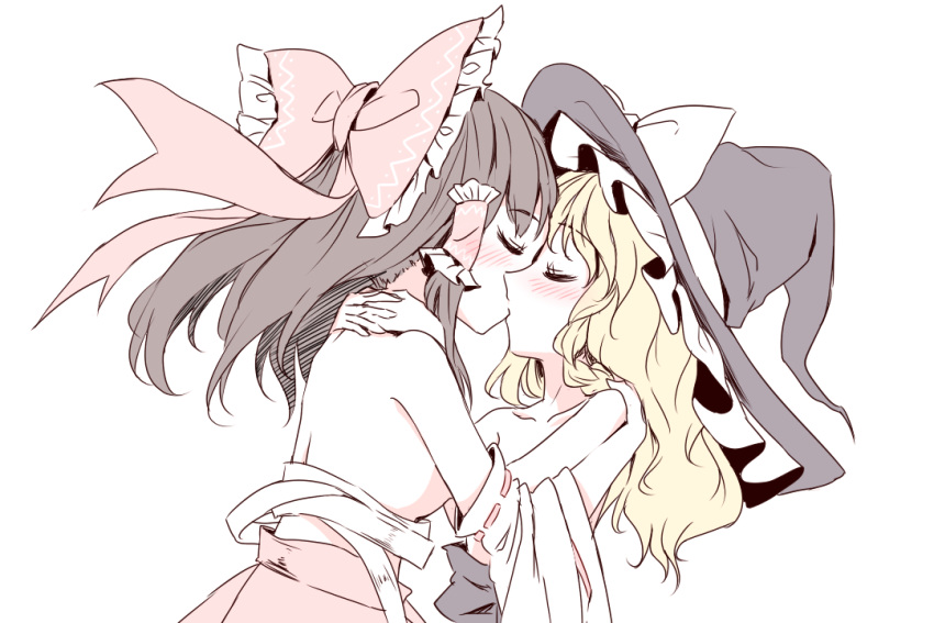 2girls bare_shoulders blonde_hair blush bow brown_hair closed_eyes collarbone commentary detached_sleeves hair_bow hair_tubes hakurei_reimu hand_on_another's_shoulder hat hug kirisame_marisa kiss kiss_day large_bow long_hair minust multiple_girls ribbon-trimmed_sleeves ribbon_trim sarashi simple_background touhou undone_sarashi white_background witch_hat yuri