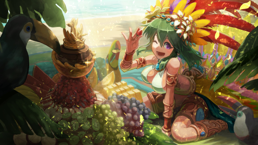 1girl :d anklet apple_slice arm_support armlet bangle beach between_fingers bird black_hair blanket blush bowl bracelet breasts eyelashes feast feather_skirt flower food fruit gem grapes hair hair_between_eyes hair_flower hair_ornament halter_top halterneck headdress highres holding holding_food idolmaster idolmaster_cinderella_girls jewelry kiwifruit large_breasts layered_skirt leaning_forward looking_at_viewer mangosteen medium melon natalia_(idolmaster) ocean one_eye_closed open_mouth outdoors palm_tree pendant pineapple pineapple_slice rikizo ring shirt showgirl_skirt sitting smile solo sparkle strawberry sunlight tareme teeth thigh_strap toucan tree trophy violet_eyes wariza watermelon white_flower white_shirt