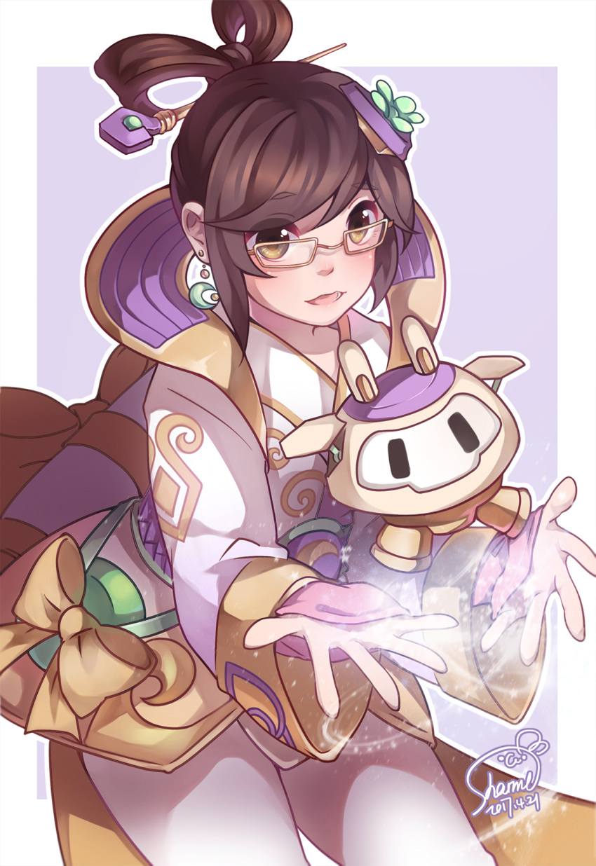 1girl alternate_costume alternate_hairstyle brown_eyes brown_hair chang'e_mei chinese_clothes drone earrings eyebrows_visible_through_hair glasses hagoromo hair_rings highres jewelry mei_(overwatch) outstretched_arms overwatch sharmi1010 shawl short_hair signature snowball_(overwatch) solo yellow-framed_eyewear