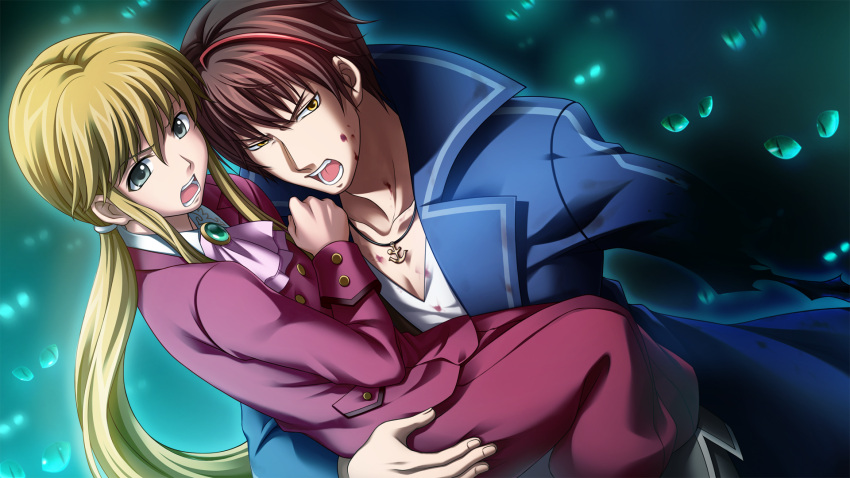 2boys amputee androgynous artist_request bangs blonde_hair blood brown_hair cat coat cravat formal game_cg highres jewelry long_hair looking_to_the_side male_focus multicolored_hair multiple_boys official_art open_mouth pendant ponytail requiem_of_the_golden_witch slit_pupils spoilers streaked_hair suit two-tone_hair umineko_no_naku_koro_ni ushiromiya_lion willard_h_wright