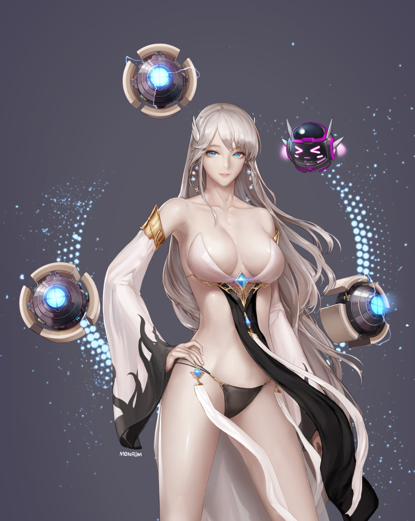 &gt;_&lt; 1girl absurdres artist_name black_panties blue_eyes breasts closed_eyes collarbone contrapposto detached_sleeves dungeon_and_fighter earrings female_gunner_(dungeon_and_fighter) floating_object glint grey_background hair_ornament hand_on_hip highres jewelry large_breasts light_particles long_hair monaim panties parted_lips pelvic_curtain silver_hair simple_background smile solo string_panties underwear very_long_hair wide_sleeves