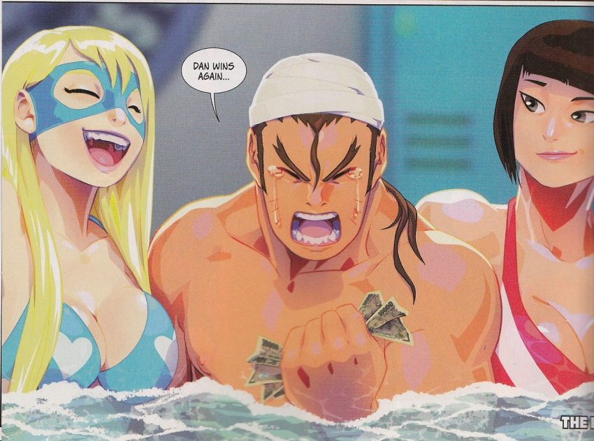 1boy 2girls ^_^ adapted_costume ahoge bandage bandaged_head bikini blonde_hair breasts brown_hair cleavage closed_eyes cropped hair_down happy_tears hibiki_dan hot_tub large_breasts lipstick makeup money multiple_girls rainbow_mika smirk street_fighter street_fighter_v swimsuit tears thick_eyebrows udon_entertainment whisker_markings wrestling_mask yamato_nadeshiko_(street_fighter)