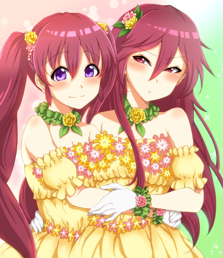 2girls bare_shoulders blush bracelet breasts cleavage dress flower gloves hair_flower hair_ornament highres hug jewelry leaf long_hair looking_at_viewer love_live! love_live!_school_idol_festival midou_yuuri miyashita_coco_(love_live) multiple_girls open_mouth red_eyes redhead small_breasts smile sparkle twintails upper_body violet_eyes