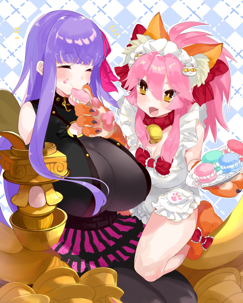 2girls aano_(10bit) absurdres bad_id bad_pixiv_id bare_shoulders bodysuit bow breasts cat_paws claws cleavage closed_eyes fangs fate/extra fate/extra_ccc fate/grand_order fate_(series) feeding food gigantic_breasts hair_bow hair_ribbon highres long_hair macaron medium_breasts multiple_girls pantyhose passion_lip paws pink_hair pink_ribbon purple_hair red_bow ribbon smile tamamo_(fate)_(all) tamamo_cat_(fate) thighs