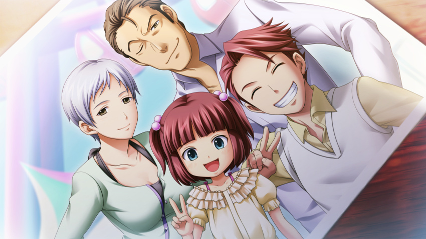 2boys 2girls alternate_costume artist_request bangs blunt_bangs brown_eyes brown_hair child closed_eyes collarbone dutch_angle family game_cg grin happy highres husband_and_wife multiple_boys multiple_girls official_art one_eye_closed parent_and_child photo_(object) redhead shirt short_hair siblings silver_hair smile sweater_vest two_side_up umineko_no_naku_koro_ni ushiromiya_ange ushiromiya_battler ushiromiya_kyrie ushiromiya_rudolf vest white_shirt