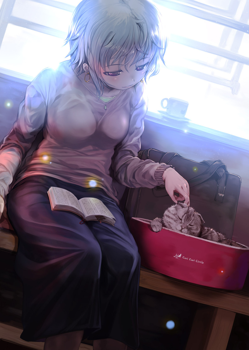 1girl animal arm_at_side backlighting bag bangs bench black_legwear blush book breasts cat charm_(object) commentary_request cup dutch_angle earrings highres hoop_earrings indoors jewelry light_particles long_skirt long_sleeves medium_breasts mikazuki_akira! no_pupils open_book original parted_lips petting pink_sweater purple_skirt saucer school_bag short_hair silver_hair sitting skirt solo sweater teacup violet_eyes whiskers window windowsill