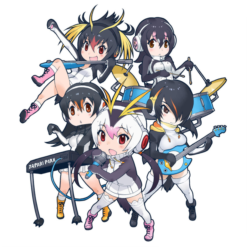 &gt;:d 3: 3:&lt; 5girls :&lt; :d :o ankle_boots arm_up band bangs bare_legs bass_guitar black_boots black_footwear black_hair black_jacket blush boots breast_press breasts brown_eyes chibi cleavage closed_mouth cymbals dot_nose drawstrings drum drum_set drumsticks electric_guitar emperor_penguin_(kemono_friends) eyebrows eyebrows_visible_through_hair eyelashes full_body gentoo_penguin_(kemono_friends) grey_hair guitar hair_between_eyes hair_ornament hair_over_one_eye hair_tie hand_up headphones highres holding holding_microphone hood hood_down hooded_jacket humboldt_penguin_(kemono_friends) instrument jacket jpeg_artifacts jumping kemono_friends keyboard_(instrument) kneehighs legs_apart leotard long_hair long_sleeves looking_at_viewer low_twintails medium_breasts medium_hair microphone multicolored multicolored_clothes multicolored_hair multicolored_jacket multiple_girls music open_clothes open_jacket open_mouth orange_hair penguin_tail penguins_performance_project_(kemono_friends) pink_boots pink_hair playing_instrument pleated_skirt plectrum pocket raised_eyebrows redhead rockhopper_penguin_(kemono_friends) romaji royal_penguin_(kemono_friends) shoe_soles shoelaces short_hair simple_background singing skirt small_breasts smile socks source_request standing swept_bangs tail tareme thigh-highs thighs triangle_mouth tsurime turtleneck twintails white_background white_hair white_jacket white_legwear white_leotard white_skirt yellow_boots yellow_footwear yoshizaki_mine zipper zipper_pull_tab