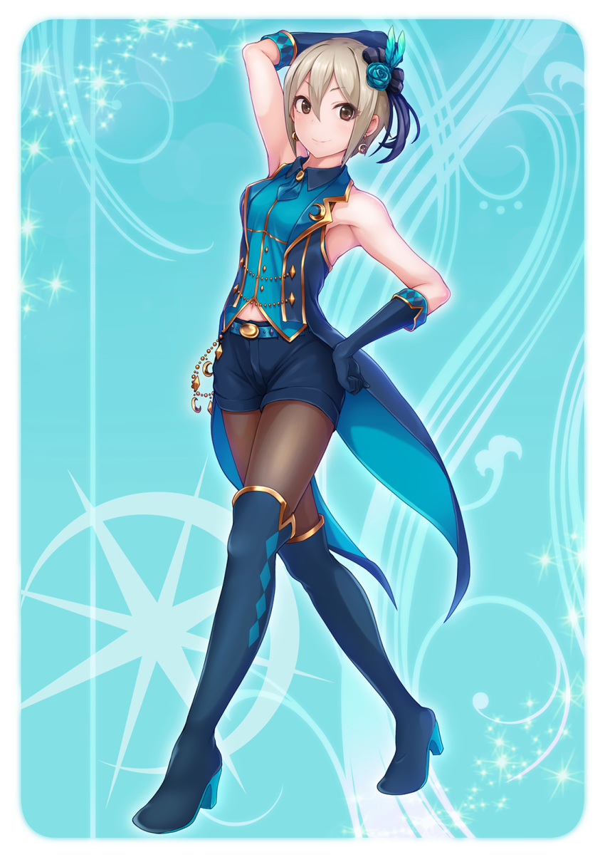 1girl aqua_background arm_behind_head arm_up armpits ascot belt black_bow blue_ascot blue_boots blue_gloves blue_rose blue_shorts blue_vest boots bow breasts brown_eyes closed_mouth coattails collared_shirt crescent crescent_earrings crescent_moon_symbol earrings elbow_gloves eyebrows_visible_through_hair eyelashes eyes_visible_through_hair feathers flower full_body gloves hair_between_eyes hair_bow hair_feathers hair_flower hair_ornament hand_on_hip high_heel_boots high_heels highres idolmaster idolmaster_cinderella_girls jewelry legs_apart looking_at_viewer navel pantyhose poroze rose sheer_legwear shiomi_shuuko shirt short_hair shorts silver_hair sleeveless sleeveless_shirt small_breasts smile solo sparkle standing thigh-highs thigh_boots vest