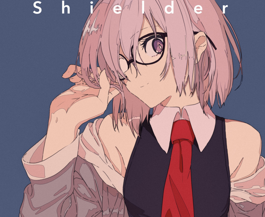 1girl adjusting_glasses black-framed_eyewear black_dress character_name closed_mouth dress eyebrows_visible_through_hair fate/grand_order fate_(series) glasses hair_over_one_eye hand_up highres hood hoodie kogecha_(coge_ch) light_smile looking_at_viewer necktie open_clothes open_hoodie purple_hair red_necktie shielder_(fate/grand_order) short_hair solo upper_body violet_eyes