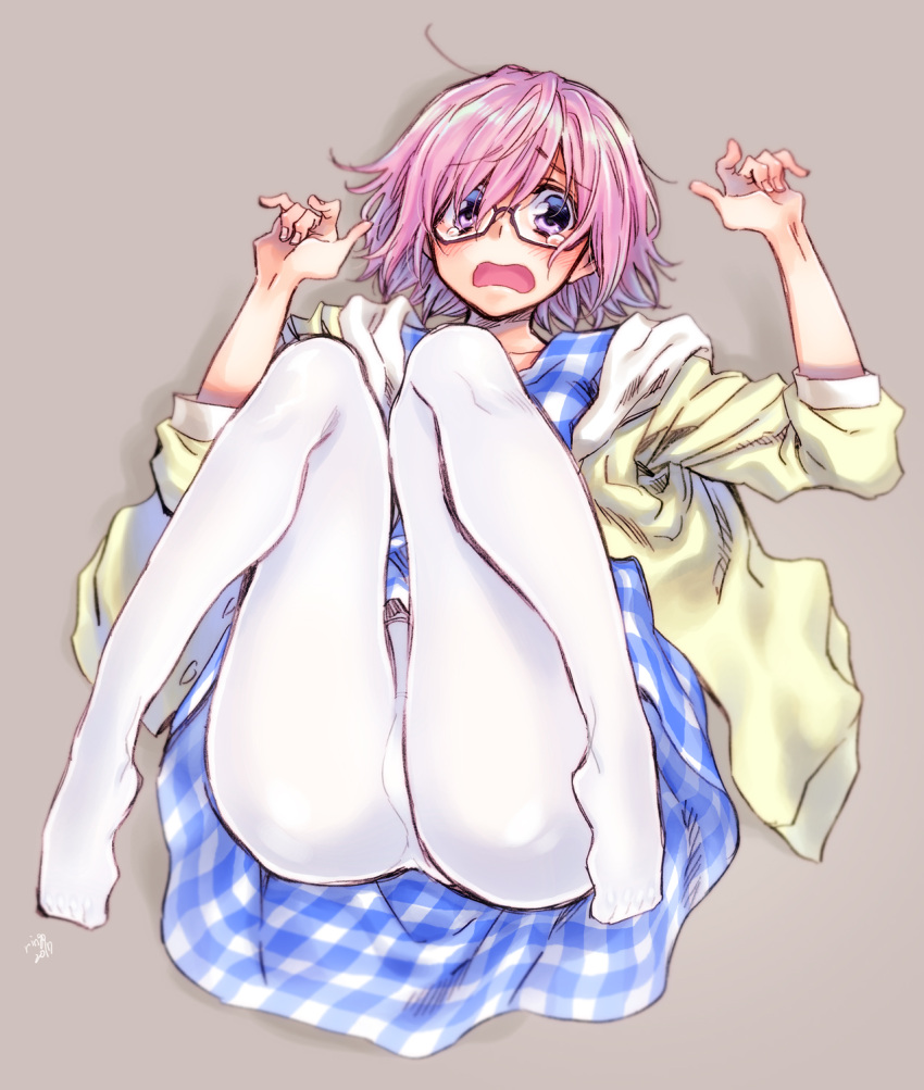 1girl artist_name ass bangs blue_dress checkered checkered_dress commentary_request dress fate_(series) full_body glasses grey_background highres jacket knees_together_feet_apart legs_up looking_at_viewer lying messy_hair no_shoes on_back open_mouth panties panties_under_pantyhose pantyhose pink_hair plaid plaid_dress shielder_(fate/grand_order) short_dress short_hair signature simple_background solo takanashi_ringo tears underwear violet_eyes wavy_mouth white_legwear