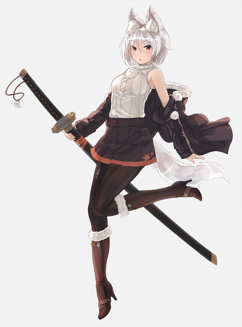 1girl animal_ears black_legwear boots ehrrr highres inubashiri_momiji jacket pom_pom_(clothes) red_eyes short_hair skirt sweater_vest sword tail thigh-highs thigh_boots touhou weapon white_background white_hair wolf_ears wolf_tail