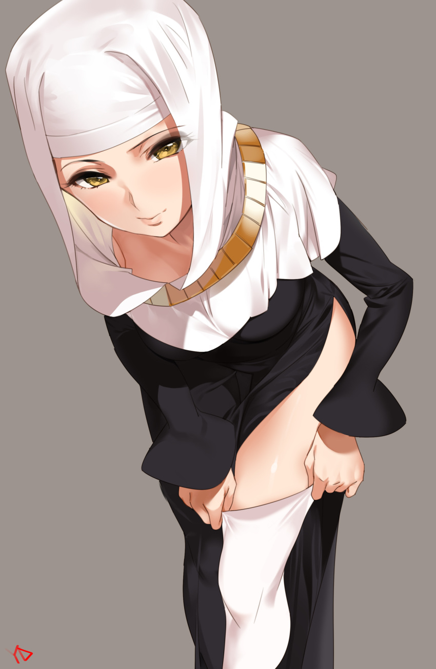 1girl absurdres blush breasts collarbone cowboy_shot fate/grand_order fate_(series) from_above grey_background highres leaning_forward light_smile lips long_sleeves looking_at_viewer medium_breasts nun parted_lips sesshouin_kiara side_slit simple_background smile thighs white_legwear yang-do yellow_eyes
