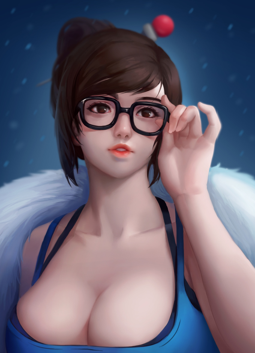 1girl absurdres artist_name bangs bare_shoulders beads black-framed_eyewear blue_coat blurry blurry_background breasts brown_eyes brown_hair cleavage coat eyelashes eyeshadow fingernails fur-trimmed_coat fur_trim glasses hair_bun hair_ornament hair_stick hand_on_glasses hand_up highres large_breasts lips lipstick looking_away makeup mei_(overwatch) nose overwatch parka parted_lips pink_lips pink_lipstick short_hair sidelocks sleeveless snowing solo starry-hp swept_bangs tank_top teeth upper_body winter_clothes winter_coat