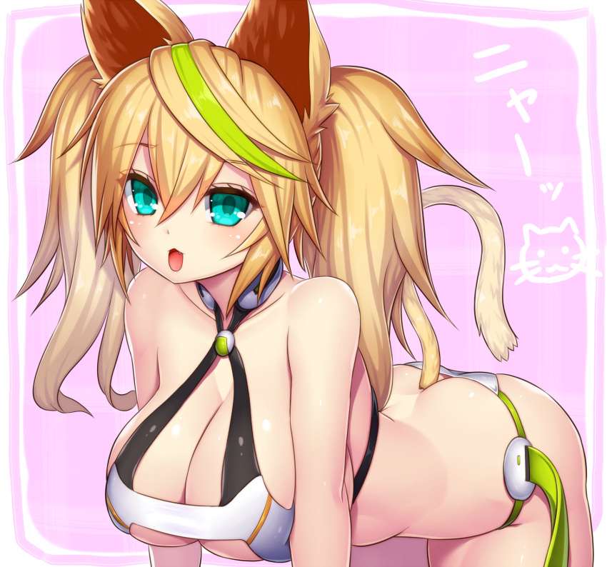 1girl :3 all_fours animal_ears aqua_eyes asamura_hiori bare_shoulders blonde_hair blush breasts cat_ears cat_tail cleavage collarbone commentary_request eyebrows_visible_through_hair fang gene_(pso2) green_hair hair_between_eyes halterneck highres kemonomimi_mode large_breasts long_hair multicolored_hair open_mouth phantasy_star phantasy_star_online_2 pink_background solo streaked_hair tail translation_request twintails two-tone_hair