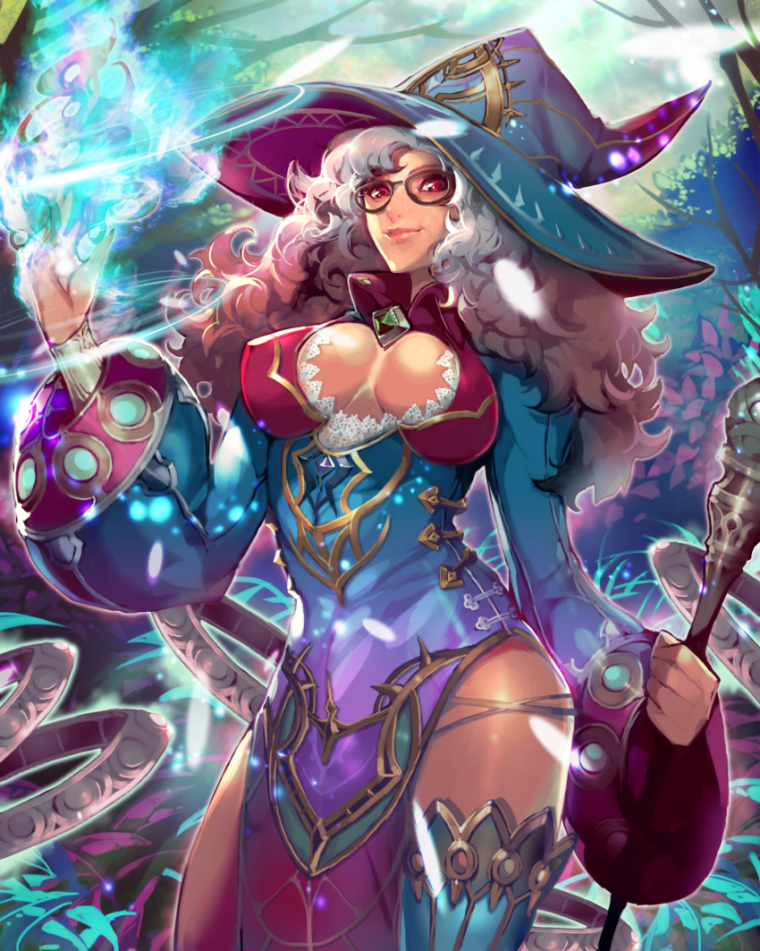 1girl breasts cleavage_cutout fufuhol glasses hat highres holding holding_staff large_breasts long_hair looking_at_viewer magic official_art outdoors pink_eyes smile solo staff standing tenkuu_no_crystalia thigh-highs white_hair white_sleeves witch_hat