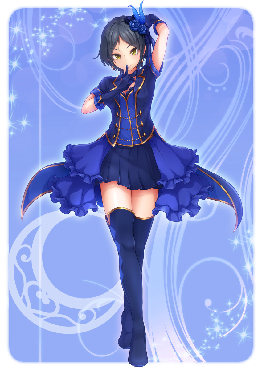 1girl arm_behind_head arm_up bangs blue_background blue_boots blue_bow blue_coat blue_collar blue_gloves blue_hair blue_rose blue_shirt blue_skirt boots bow breasts cleavage closed_mouth coat coattails collar crescent_moon_symbol earrings elbow_gloves feathers finger_to_face flower frilled_shirt frills full_body gloves hair_bow hair_feathers hair_flower hair_ornament hayami_kanade high_heel_boots high_heels highres idolmaster idolmaster_cinderella_girls jewelry legs_crossed looking_at_viewer medium_breasts miniskirt overskirt parted_bangs pleated_skirt poroze rose shirt short_hair short_sleeves skirt smile solo sparkle standing thigh-highs thigh_boots tsurime yellow_eyes