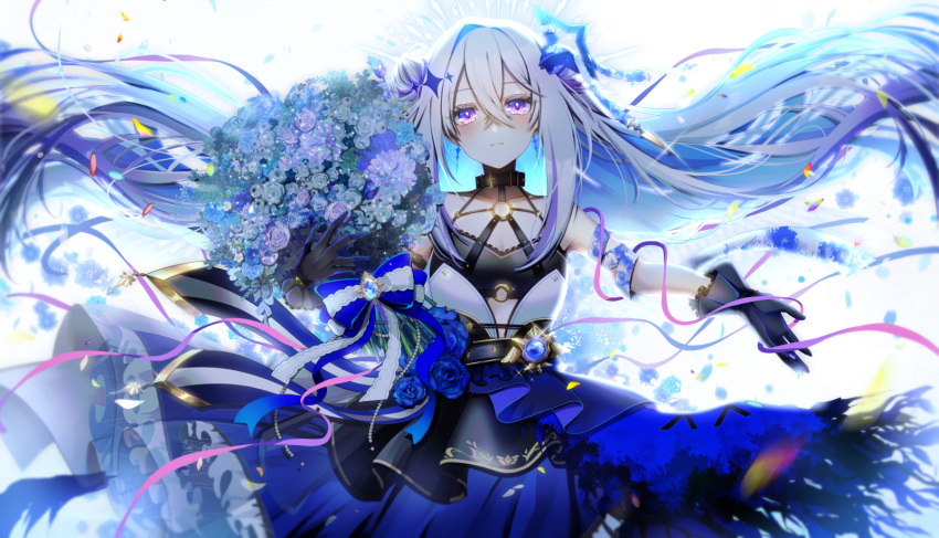 1girl amane_kanata angel arm_belt backlighting bangs bare_shoulders belt belt_collar black_belt black_gloves blue_flower blue_hair blue_rose blue_skirt blue_wings bouquet bow breasts chest_harness collar colored_inner_hair crossed_legs dark double_bun dress earrings falling_petals feathered_wings flower frilled_dress frills gloves hair_between_eyes hair_bun hair_ornament halo harness heart_o-ring highres holding hololive idol jewelry layered_dress long_hair multicolored_hair o-ring object_hug official_alternate_costume outstretched_arm petals rose sidelocks single_thighhigh skirt small_breasts smile solo star_(symbol) star_halo thigh-highs tiprip_kk two-tone_hair upper_body violet_eyes virtual_youtuber white_footwear white_hair wings