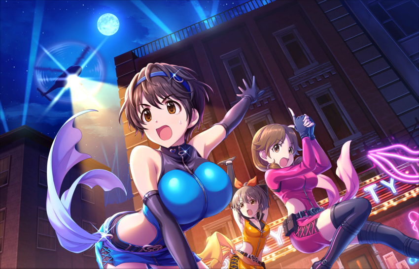 3girls aircraft armpits artist_request bangs bare_shoulders belt boots bow breasts brown_eyes brown_hair choker dress elbow_gloves fingerless_gloves gloves hair_bow hairband helicopter hori_yuuko idolmaster idolmaster_cinderella_girls idolmaster_cinderella_girls_starlight_stage katagiri_sanae large_breasts long_hair low_twintails multiple_girls night night_sky official_art oikawa_shizuku open_mouth sexy_guilty short_twintails sky sweatdrop thigh-highs thigh_boots twintails