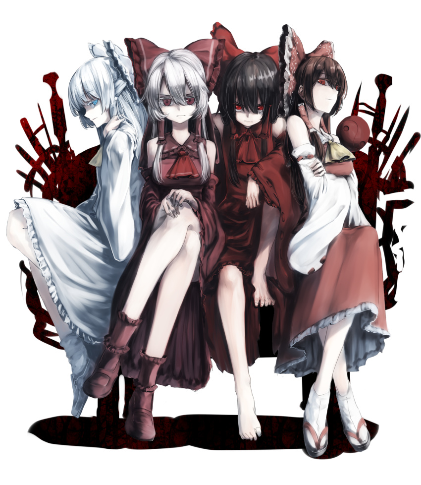 4girls ascot bangs bare_shoulders barefoot black_hair blue_eyes bow breasts character_request clog_sandals closed_mouth detached_sleeves full_body hair_between_eyes hair_bow hair_tubes hakurei_reimu highres legs_crossed long_sleeves looking_at_viewer m.u.g.e.n maga-reimu mary_janes medium_breasts multiple_girls multiple_persona nontraditional_miko onimiko pale_skin red_eyes rion_(glayjirobass) serious shirt shoes sidelocks silver_hair sitting skirt skirt_set sleeveless sleeveless_shirt tabi touhou wide_sleeves