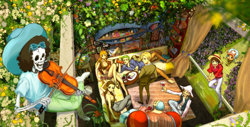 2girls 6+boys afro anri_(110804) breasts couch dress drink flower full_body hat highres instrument long_hair monkey_d_luffy multiple_boys multiple_girls music nami_(one_piece) nico_robin one_piece open_mouth playing_instrument room roronoa_zoro sanji short_hair sitting skeleton smile standing tagme tony_tony_chopper usopp