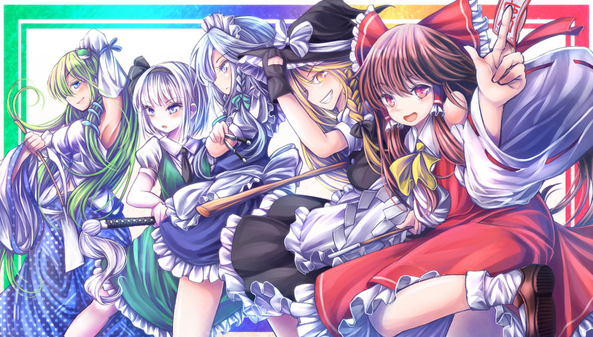 5girls :d armpits ascot bangs blush bobby_socks bow braid breasts broom cowboy_shot detached_sleeves dress frilled_dress frilled_skirt frills frog_hair_ornament from_side gohei grin hair_bow hair_ornament hair_tubes hairband hakurei_reimu hat hat_bow highres holding holding_knife izayoi_sakuya katana kirisame_marisa knife knives_between_fingers kochiya_sanae konpaku_youmu long_hair long_sleeves looking_at_viewer looking_to_the_side maid maid_headdress mary_janes medium_breasts multiple_girls nontraditional_miko ofuda open_mouth profile puffy_short_sleeves puffy_sleeves shoes short_hair short_sleeves sidelocks skirt skirt_set smile snake_hair_ornament socks sword t.m_(aqua6233) touhou twin_braids weapon wide_sleeves witch_hat
