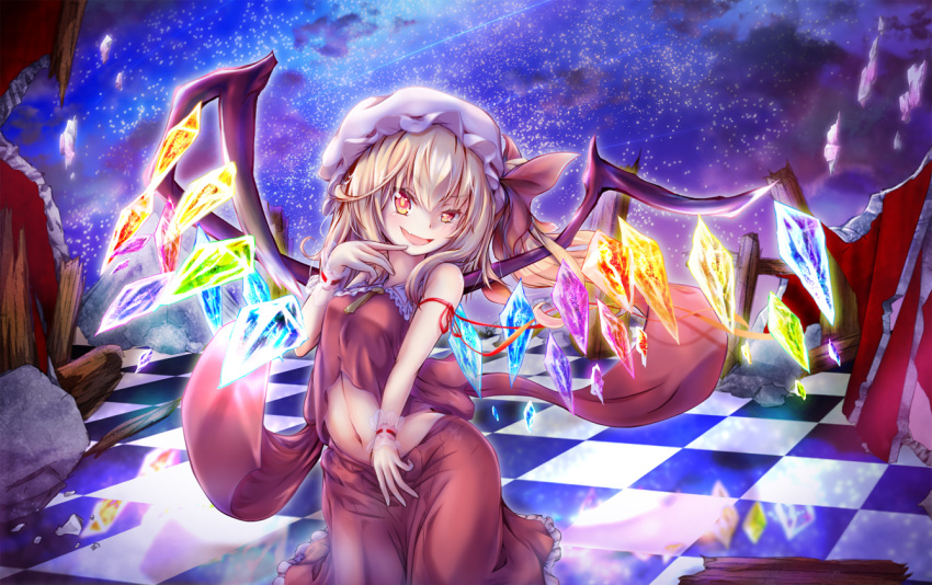 1girl breasts commentary_request crystal flandre_scarlet haru_(hottikisu25) hat large_wings looking_at_viewer mob_cap navel night night_sky sky small_breasts solo touhou vampire wings