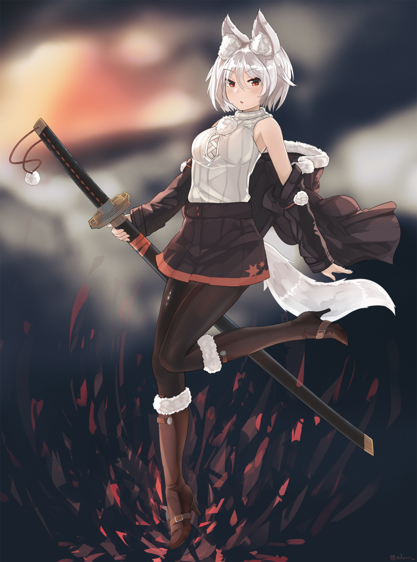 1girl animal_ears black_legwear boots ehrrr highres inubashiri_momiji jacket pom_pom_(clothes) red_eyes short_hair skirt sweater_vest sword tail thigh-highs thigh_boots touhou weapon white_hair wolf_ears wolf_tail