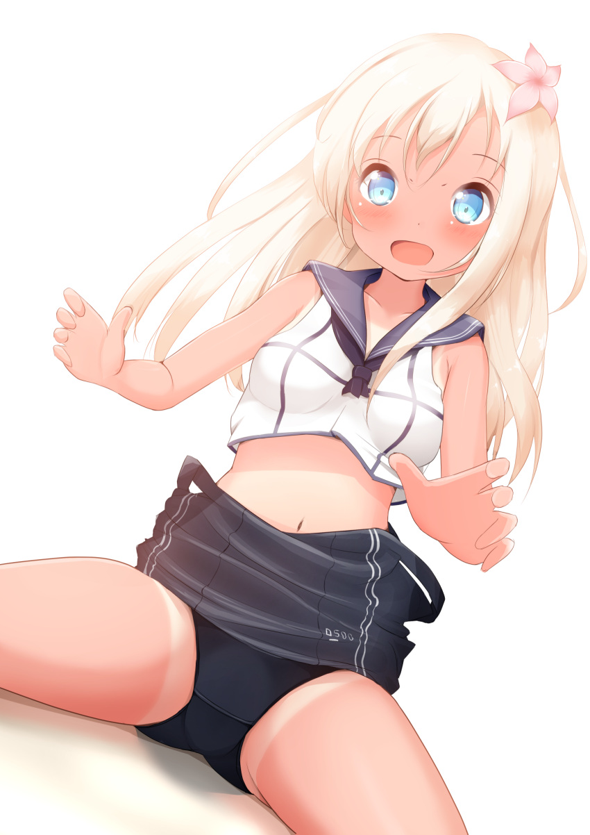 1girl blonde_hair blue_eyes covered_navel dutch_angle facing_viewer flower hair_flower hair_ornament highres kantai_collection long_hair mochiyuki one-piece_swimsuit one-piece_tan open_mouth ro-500_(kantai_collection) sailor_collar school_swimsuit sitting solo swimsuit swimsuit_pull swimsuit_under_clothes tan tanline wariza
